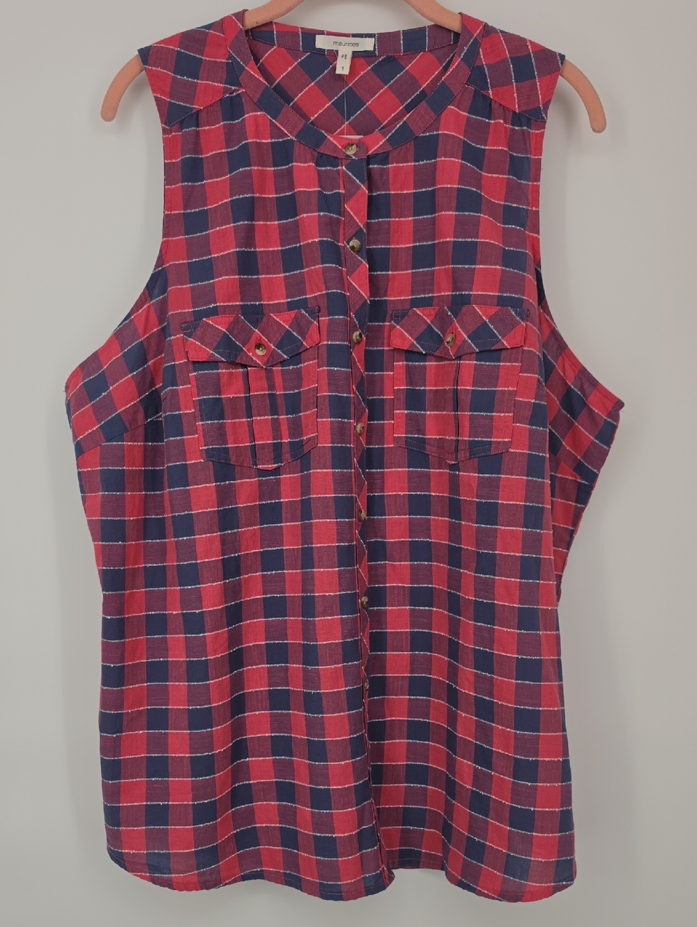 NWT Maurices Plaid Sleeveless Button Front Top Red Blue Women’s Plus 1